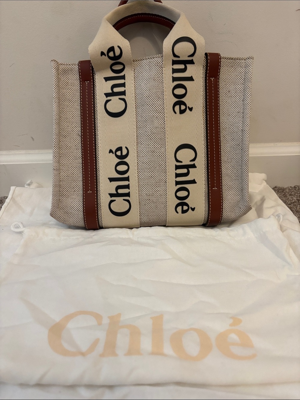 Chloé Beige Canvas Tote with Brown Leather Trim and Cream Logo Straps - Picture 8 of 9